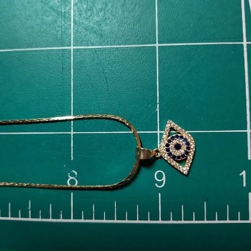 Evil Eye Pendant 14mm Chain Blue Clear Rhinestones Pendant Marked 925 UNTESTED